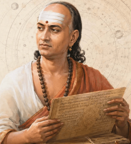 An ancient sage studying an astrological manuscript, the Astromadhav emblem